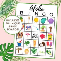 a pink background with palm leaves and a white sign that says aloha bingo