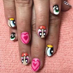 <p>'The Powerpuff Girls' 1990s Nails 1990s Nails, 90s Airbrush, 90s Nails, Fun Manicure, Girls Nail Designs, Boho Nails, Valentine Nail Art, Airbrush App, Grunge Nails