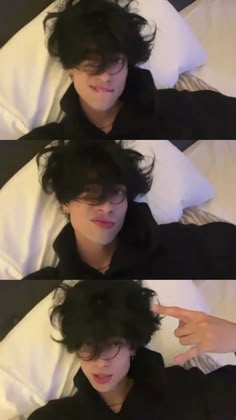 four photos of a person laying in bed with black hair and glasses on their face