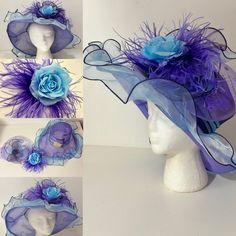 Kentucky Derby Hat. Fascinator, Church Hat, Blue Lavender Iridescent, lavender blue sheer Derby hat with detachable Blue Rose with blended  lavender and purple ostrich feather hair clip... The hair piece is simply beautiful Blue Curved Brim Fascinator For The Beach, Blue Curved Brim Fascinator For Beach, Purple Wide Brim Top Hat For Summer, Blue Brimmed Mini Hat For Races, Purple Mini Hat With Curved Brim For Beach, Purple Curved Brim Mini Hat For Beach, Summer Wide Brim Purple Costume Hat, Purple Wide Brim Summer Costume Hat, Summer Purple Wide Brim Costume Hat