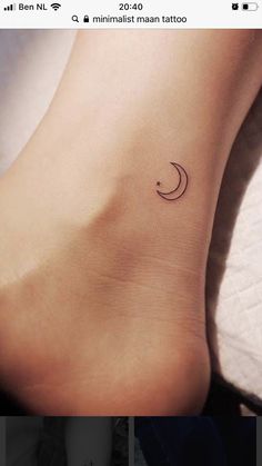 a small moon tattoo on the ankle is shown in three different pictures, one with a crescent