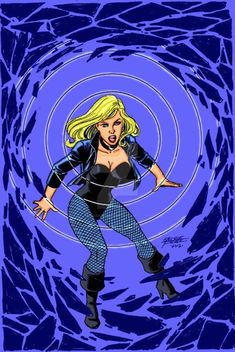 a drawing of a woman with blonde hair and blue tights in front of a circular background