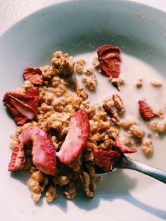 Granola with freeze dried strawberries in almond milk as an afternoon snack Breakfast Strawberries, Trader Joes, Granola, Strawberries, Ethnic Recipes