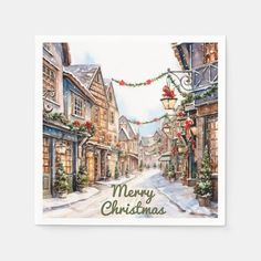 a christmas card with an image of a street scene