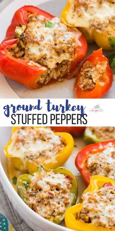 stuffed bell peppers with ground turkey in the middle and topped with cheese on top, are ready to be eaten