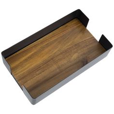 a wooden cutting board with black handles on a white background and brown trim around the edges