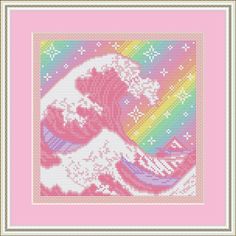 a cross stitch pattern with an image of a wave and rainbows in the background