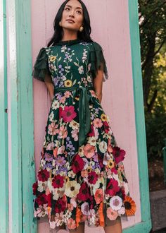 Don't look down A timeless piece to wear on any occasion. Hand-embroidered flowers adorn this... Whimsical Style, Hand Embroidered Flowers, Garden Dress, Timeless Dress, Whimsical Fashion, Swiss Dot, Party Gowns, Flared Skirt, Plus Size Dress