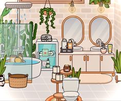 a bathroom filled with lots of plants and potted plants next to a tub full of water