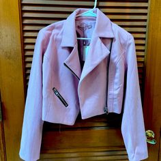 Brand New, Last Couple Photos Shows The True Color Of The Jacket. Pink Moto Jacket, Denim Sweater Jacket, Faux Suede Moto Jacket, Suede Moto Jacket, Juicy Couture Charms, Denim Sweater, Rayon Pants, Bomber Jackets, Distressed Black Jeans