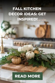 Fall kitchen decor display with pumpkins and greenery on a counter, text reads "Fall Kitchen Decor Ideas: Get Inspired!" Warm Color Palettes, Fall Living Room