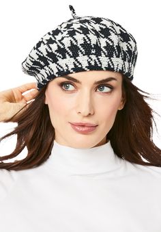 A classic for cold weather, this plush wool beret is the perfect way to top off your look. Black Houndstooth. 6" inside diameter AcrylicSpot cleanImported  | Women's Houndstooth Beret by Accessories For All in Houndstooth White Beret, Checkered Outfit, Linen Gauze, Wool Beret, Platinum Credit Card, Thermal Sweater, Occasion Dresses Wedding, Wool Berets, Black Houndstooth