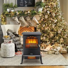 a living room with a christmas tree and fireplace