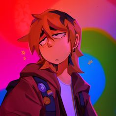 an anime character with red hair and piercings, wearing a purple jacket in front of a colorful background