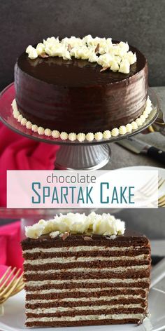 two different types of cake on plates with the words chocolate spartak cake above them