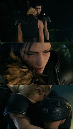 the final fantasy scene is shown in three different frames, with one being hugged by another