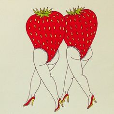 two women in high heeled shoes are carrying large strawberries on their backs, drawing by hand