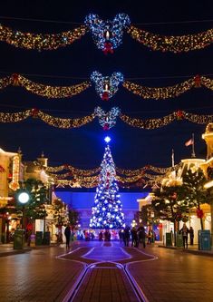 a christmas tree is lit up in the middle of an empty street with lights on it