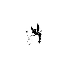 a black and white silhouette of a fairy on a string with stars in the sky