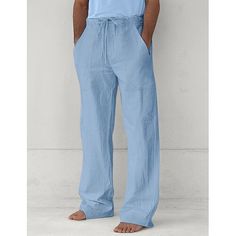 Season:Spring  Summer; Fabric:Linen Cotton Blend; Gender:Men's; Style:Fashion,Hawaiian; Occasion:Holiday,Beach,Yoga; Fit Type:Regular Fit; Function:Soft,Comfort; Waistline:Mid Waist; Pattern:Plain; Design:Drawstring,Front Pocket,Straight Leg; Brand:OUKU; Pants Type:Trousers,Baggy,Beach Pants,Linen Pants,Casual Pants,Summer Pants; Fly Type:Drawstring; Front page:FF; Production mode:External procurement; Hips:; Length:; Waist:; Fit US Size:null; Fit UK Size:null; Fit EU Size:null; Pants Length:Ful Non-stretch Beach Pants, Baggy Summer Vacation Pants, Solid Relaxed Fit Harem Pants For Beach, Beach Harem Pants Non-stretch Straight Leg, Summer Vacation Baggy Pants, Solid Color Straight Beach Pants, Casual Harem Pants For The Beach, Casual Summer Harem Pants, Casual Beach Harem Pants