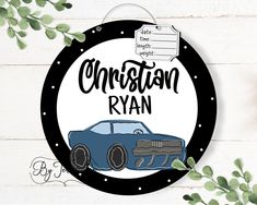 a round sign with a blue car and the words, charleston ryan written on it