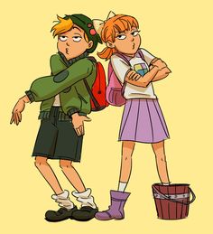 two people standing next to each other in front of a yellow background, one is wearing a backpack and the other has a pink hair