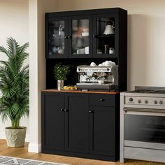 a kitchen with an oven, cabinets and a potted plant