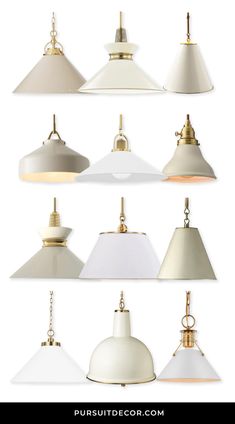 the different types of pendant lights hanging from ceiling to ceiling, all in white and gold