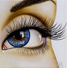 an eye with long lashes and blue eyeshade, painted in pastel on white paper