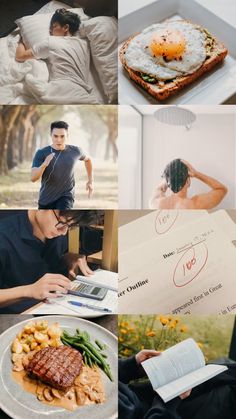 the collage shows people in bed, eating food and reading books with an egg on top