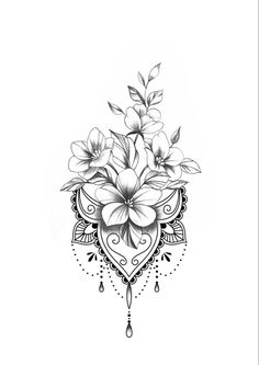 a black and white drawing of flowers on a white background with an ornate border around it