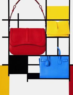 three different colored purses hanging on a wall with squares in the background and an abstract design behind them