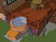 a hot tub sitting on top of a wooden deck next to a table and chairs