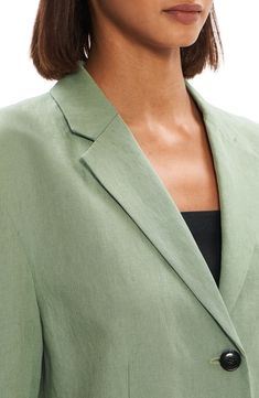 Office layering is a breeze in this lightweight linen blazer that's just a touch oversized for a relaxed fit and structured style. Notched lapels Inverted back pleat Lined 100% linen Dry clean Imported Modern Linen Blazer For Spring, Solid Linen Blazer For Work, Linen Blazer For Work, Linen Blazer For Workwear, Summer Green Linen Blazer, Summer Relaxed Fit Blazer With Lapel Collar, Modern Linen Summer Outerwear, Modern Linen Outerwear For Summer, Elegant Summer Blazer In Relaxed Fit