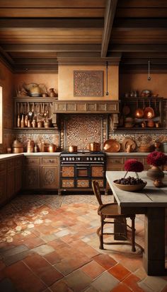 an old fashioned kitchen with wooden cabinets and tile flooring