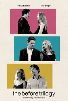 the before trilogy movie poster with three different people on each side and one man standing in