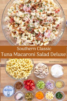 the ingredients for this southern classic tuna macaroni salad are arranged in separate bowls