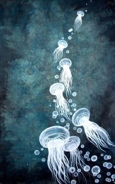 a painting of jellyfish floating in the water with bubbles coming out of their heads