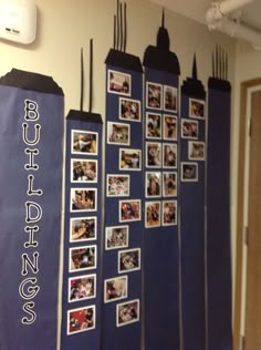 a bulletin board with pictures on it and hanging from the wall in front of them