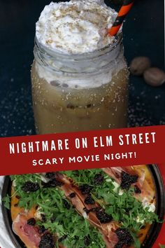 an image of food and drink with the title nightmares on elm street scary movie night