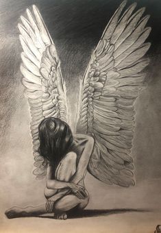 a drawing of an angel kneeling down with her arms crossed and wings spread wide open