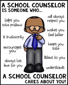 a poster with an image of a man wearing glasses and a tie, saying school counselor is someone who