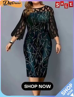 Women's Plus Size Curve Party Dress Lace Dress Bodycon Sheath Dress Color Block Midi Dress 3\/4 Length Sleeve Lace Patchwork Crew Neck Fashion Party Green Fall Winter Mesh Panel Dress, Womens Prom Dresses, Sequin Evening Dresses, Midi Dress Summer, Mesh Panel, Plus Size Dress, Simple Dresses, Plus Size Dresses, Plus Size Fashion