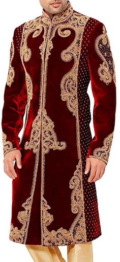 Traditional look jodhpuri designer sherwani 2 Pc (Jacket, Pyjama) made from maroon color velvet fabric. Golden hand embroidered as shown. It has bottom as chudidar made from dupion silk fabric in matching color. Care Instructions : Dry Clean Only Velvet Sherwani, Party Wear Blazers, Sherwani For Groom, Ethenic Wear, Sherwani For Men Wedding, Eastern Wear, Evening Reception, Indian Groom Wear, Arabian Dress