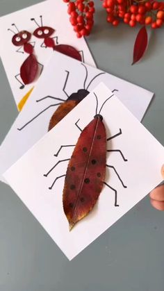 two cards with pictures of ladybugs and antlers on them, one being cut out