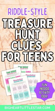 the riddle - style treasure hunt clues for teens is shown in this printable activity