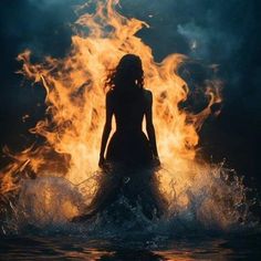 a woman standing in the water with fire behind her