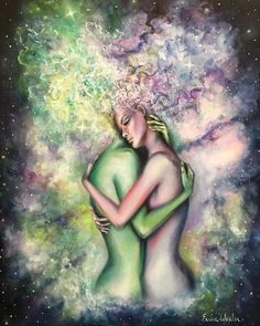 a painting of two people hugging in front of the stars and clouds behind them is an abstract background