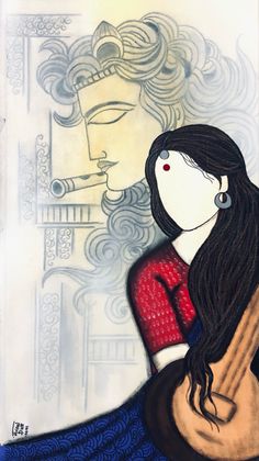 a drawing of a woman with long black hair holding a guitar in front of her face