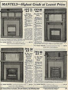 an old advertisement for a fireplace with prices on the front and back pages in black and white